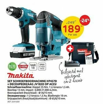Brico Makita set schroefboormachine hp457d + decoupeerzaag jv183d op accu aanbieding