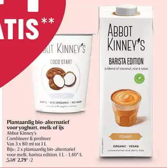 Delhaize Abbot Kinney's Plantaardig Bio-Alternatief Voor Yoghurt, Melk of IJs aanbieding