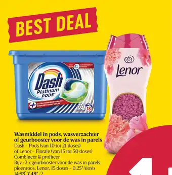Delhaize Dash of Lenor Wasmiddel in Pods, Wasverzachter of Geurbooster voor De Was in Parels aanbieding