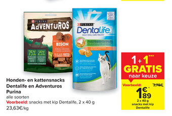 Carrefour Honden- en kattensnacks dentalife en adventuros purina aanbieding