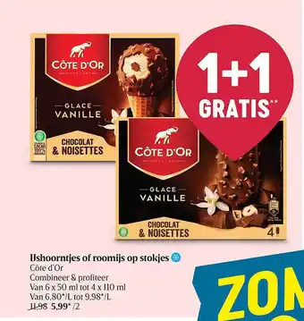 Delhaize Ijshoorntjes Of Roomijs Op Stokjes Côte D'or aanbieding