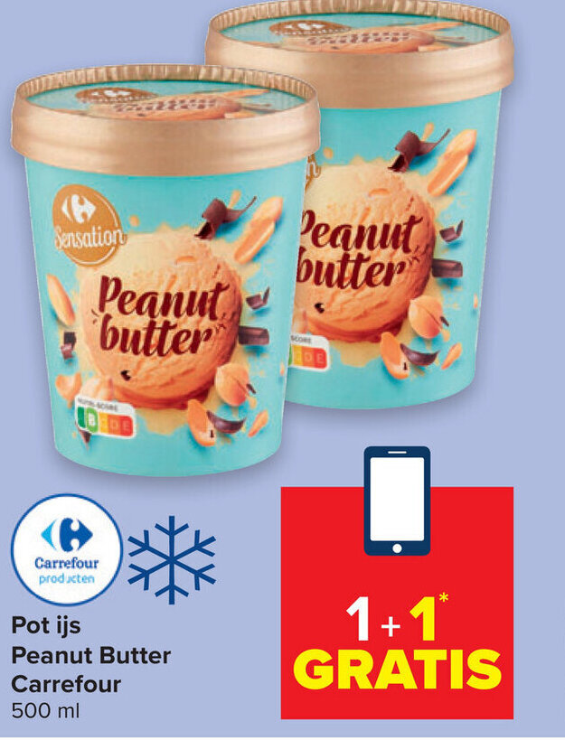 Pot ijs peanut butter carrefour 500ml promotie bij Carrefour