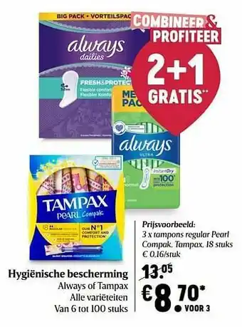 Delhaize Tampons regular pearl compak tampax aanbieding