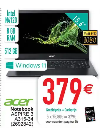 Cora Acer Notebook ASPIRE 3 A315-34 (2692842) aanbieding