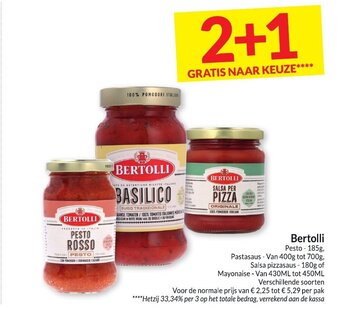 Intermarché Bertolli Pesto 185 g, Pastasaus van 400 g tot 700 g, Salsa pizzasaus 180 g per pak aanbieding