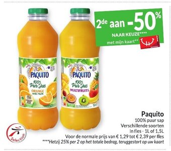 Intermarché Paquito 100% puur sap 1L of 1,5L aanbieding