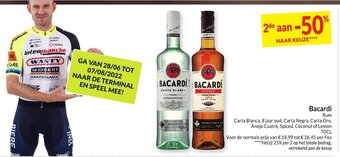 Intermarché Bacardi Rum Carta Blanca, 8 jaar oud, Carta Negra, Carta Oro, Anejo Cuatro, Spiced, Coconut of Lemon 70 cl aanbieding