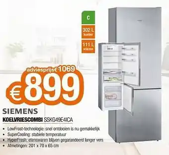 Expert Siemens Koelvriescombi sskg49e4ica aanbieding