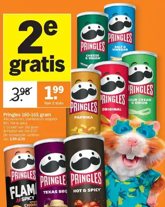 Albert Heijn Pringles 160-165gm,Cheese & Onion, Salt & Vinegar, Paprika, Original, Sour Cream & Onion, Spicy, Texas BBQ , Hot & Spicy 2st aanbieding