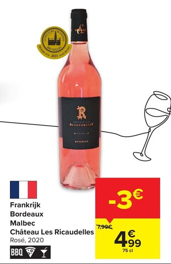 Carrefour Frankrijk bordeaux malbec chateau les ricaudelles 2020 75cl aanbieding