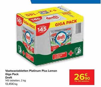 Carrefour Vaatwastabletten Platinum Plus Lemon Giga Pack Dreft aanbieding
