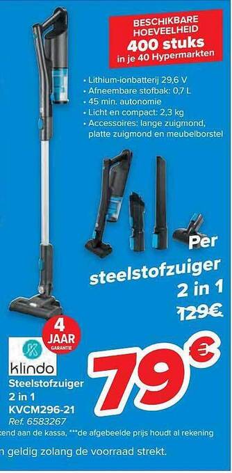Carrefour Klindo Steelstofzuiger 2 In 1 Kvcm296-21 aanbieding