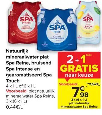 Carrefour Market Natuurlijk mineraalwater plat spa reine, bruisend spa intense en gearomatiseerd spa touch aanbieding