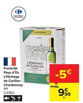 Carrefour Frankrijk Pays D'oc L'héritage De Carillan Chardonnay aanbieding