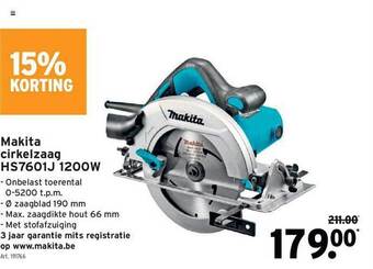 GAMMA Makita Cirkelzaag Hs7601j 1200w 15% Korting aanbieding