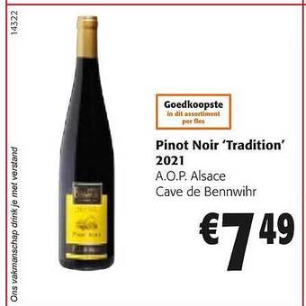 Colruyt Pinot Noir 'tradition' 2021 A.o.p. Alsace Cave De Bennwihr aanbieding