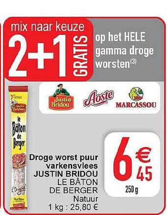 Cora Droge Worst Puur Varkensvlees Justin Bridou aanbieding