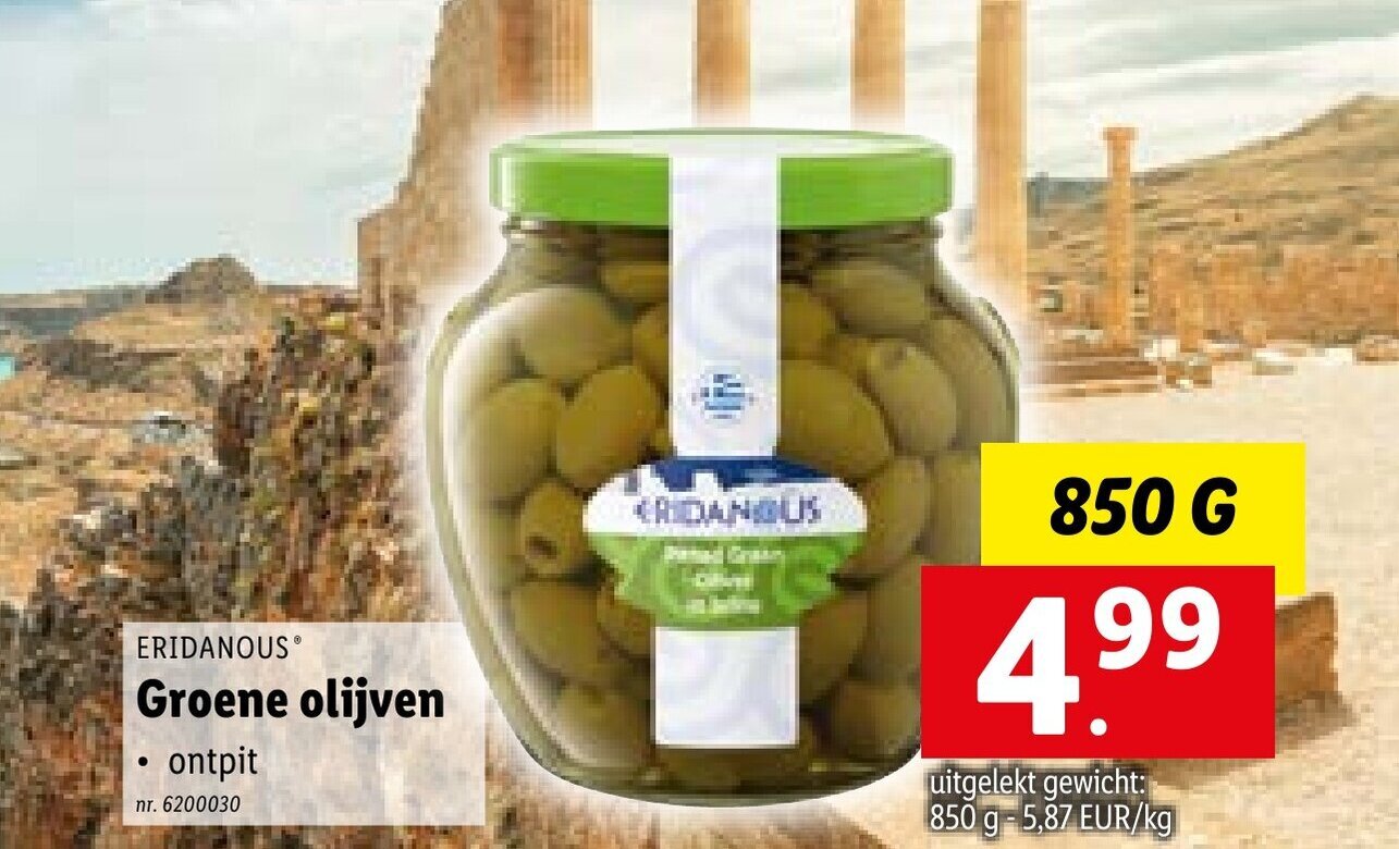 Eridanous groene olijven 850g promotie bij Lidl