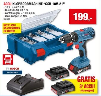 Hubo Bosch Accu Klop Boormachine "GSB 18V-21" 18 V Li-Ion 2,0 Ah 961630 aanbieding