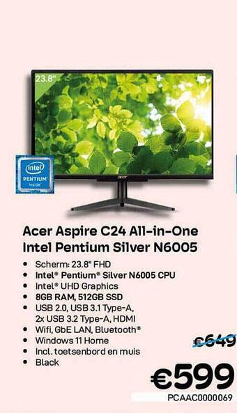 CompuDeals Acer Aspire C24 Allinone Intel Pentium Silver N6005 aanbieding