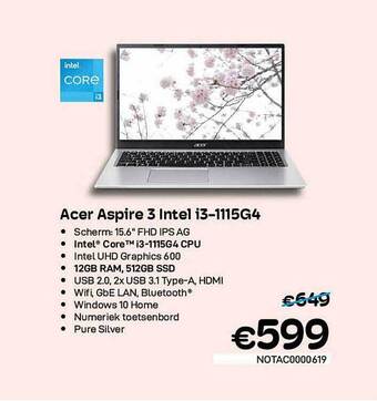 CompuDeals Acer Aspire 3 Intel I3-1115g4 aanbieding