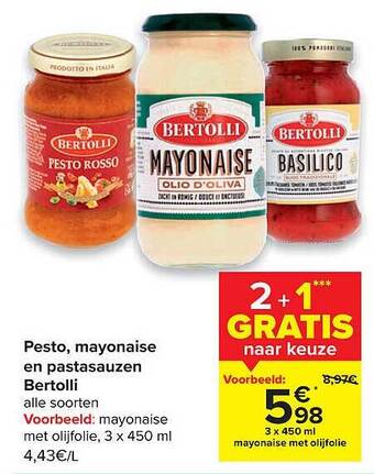 Carrefour Pesto, Mayonaise En Pastasauzen Bertolli aanbieding