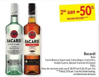 Bacardi Rum Carta Blanca, 8 jaar oud, Carta Negra, Carta Oro, Anejo Cuatro, Spiced, Coconut of Lemon 70 cl
