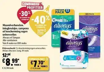 Delhaize Always of Tampax maandverbanden, inlegkruisjes en tampons aanbieding