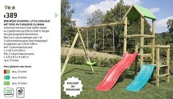 Dreamland Bnb wood schommel little eden duo met rode en turquoise glijbaan aanbieding