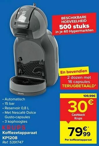Carrefour Krups koffiezetapparaat kp1208 aanbieding