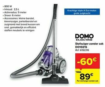 Carrefour Domo elektro stofzuiger zonder zak do1021s aanbieding