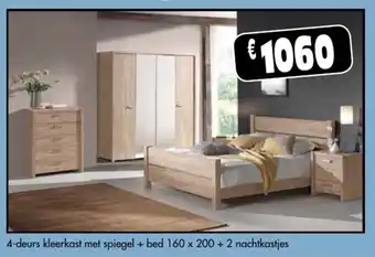 Budget Meubelen 4-deurs kleerkast met spiegel + bed 160x200+2 nachtkastjes aanbieding