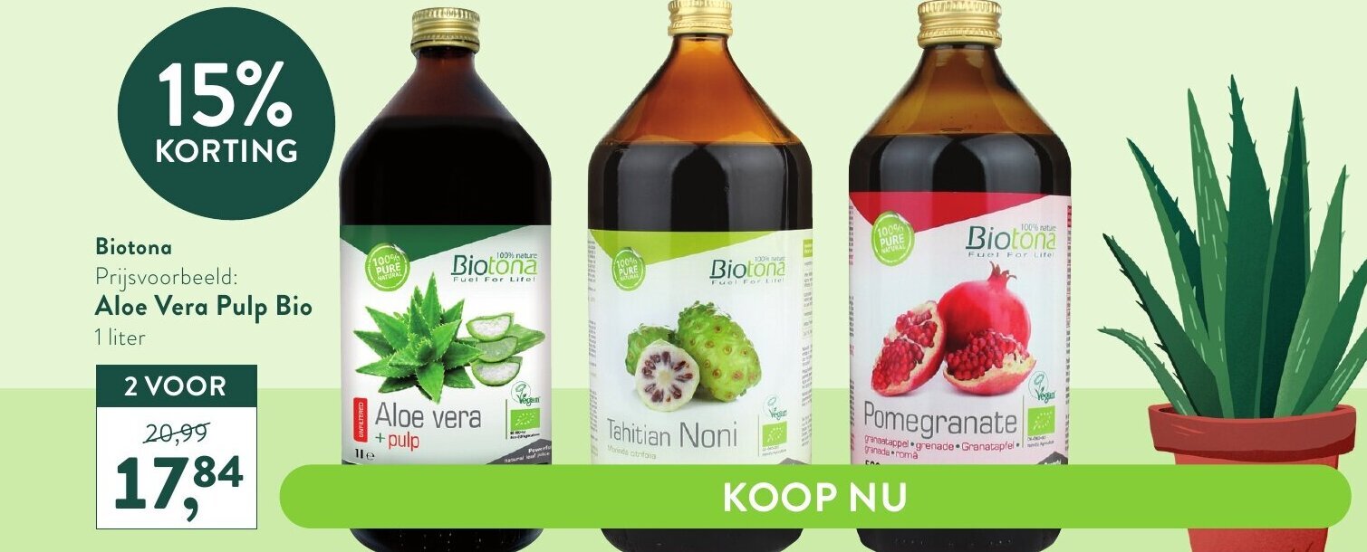 Biotona Aloe Vera Pulp Bio, Tahitian Noni, Pomegranate 2 Voor promotie