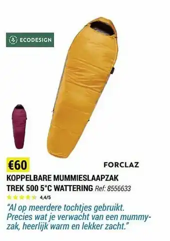 Decathlon Koppelbare mummieslaapzak trek 500 5°c wattering aanbieding