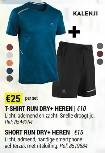 Decathlon T-shirt run dry+ heren + short run dry+ heren aanbieding