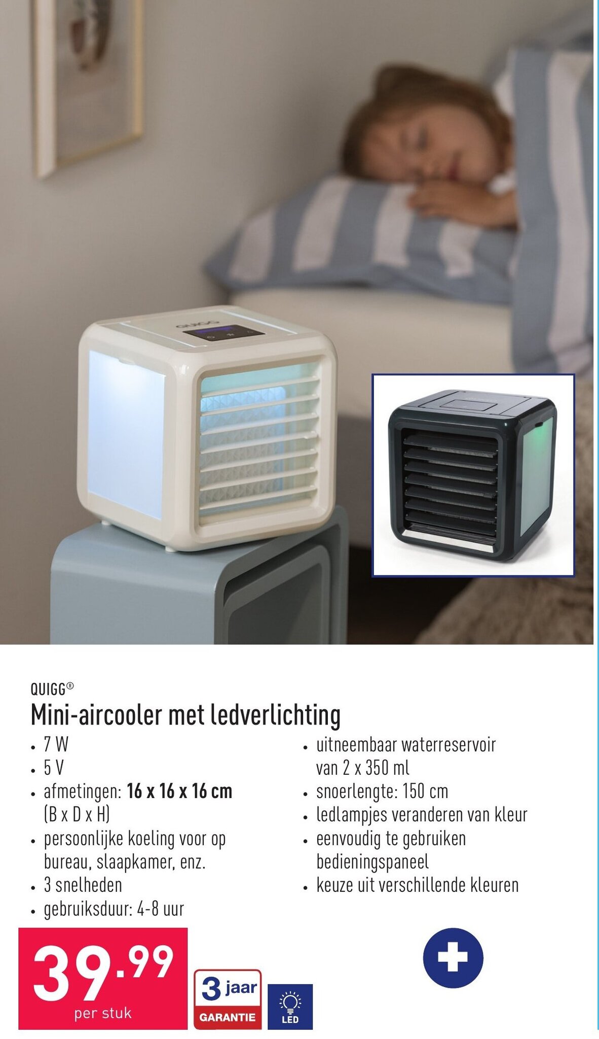 Quigg Miniaircooler met ledverlichting promotie bij ALDI