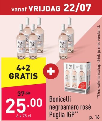 ALDI Bonicelli negroamaro rose puglia IGP 6 x 75cl aanbieding