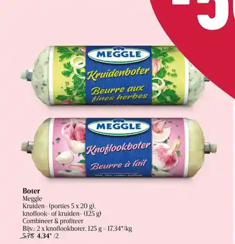 Delhaize Meggle Boter Kruiden porties 5 x 20 g, Knoflook of Kruiden 125 g aanbieding