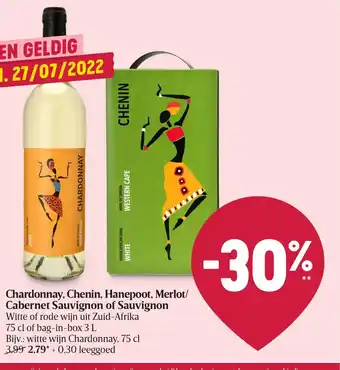Chardonnay, Chenin, Hanepoot, Merlot/Cabernet Sauvignon of Sauvignon, 75 cl of bag-in-box 3 L
