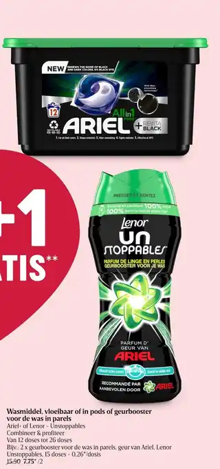Delhaize Ariel+ of Lenor - Unstoppables Wasmiddel, Vloeibaar of in Pods of Geurbooster voor de was in parels, 12 doses aanbieding