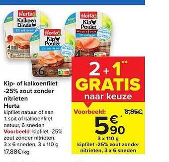 Carrefour Kip Of Kalkoenfilet 25% Zout Zonder Nitrieten Herta aanbieding