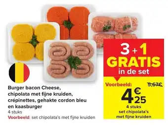 Carrefour Burger bacon Cheese, chipolata met fijne kruiden, crepinettes, gehakte cordon bleu en kaasburger aanbieding