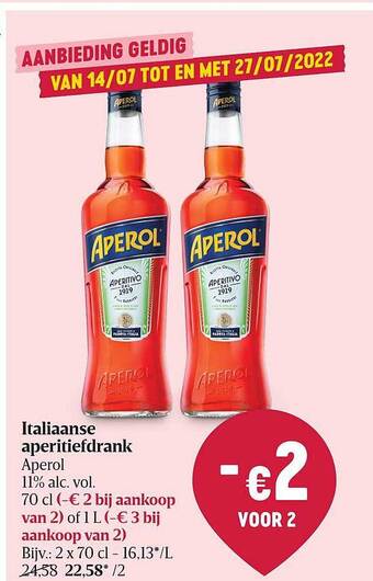Delhaize Aperol Italiaanse Aperitiefdrank aanbieding