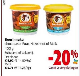 Colruyt Boerinneke Chocopasta Puur, Hazelnoot Of Melk aanbieding