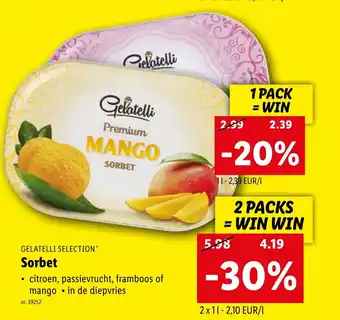 Lidl Gelatelli Selection Sorbet Citroen, Passievrucht, Framboos of Mango, 1 Pack 1L, 59252 aanbieding