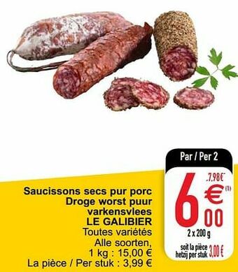 Cora Saucissons secs pur porc droge worst puur varkensvlees le galibier aanbieding