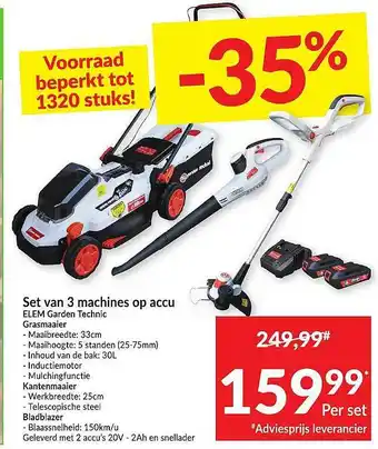 Set Van 3 Machines Op Accu Elem Garden Technic Grasmaaier, Kantenmaaier, Bladblazer