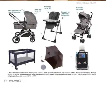 3 In 1 Wandelwagen Essentials Smokey Grey, Eetstoel Essential Grijs, Buggy, Reisbed, Parasol, Opbergtas