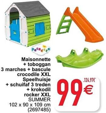 Cora Maisonnette + toboggan 3 marches + bascule crocodile xxl speelhuisje + schuifaf 3 treden + krokodil rocker xxl summer aanbieding