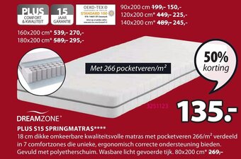 Jysk Dreamzone Plus S15 Springmatras**** 80x200 cm aanbieding